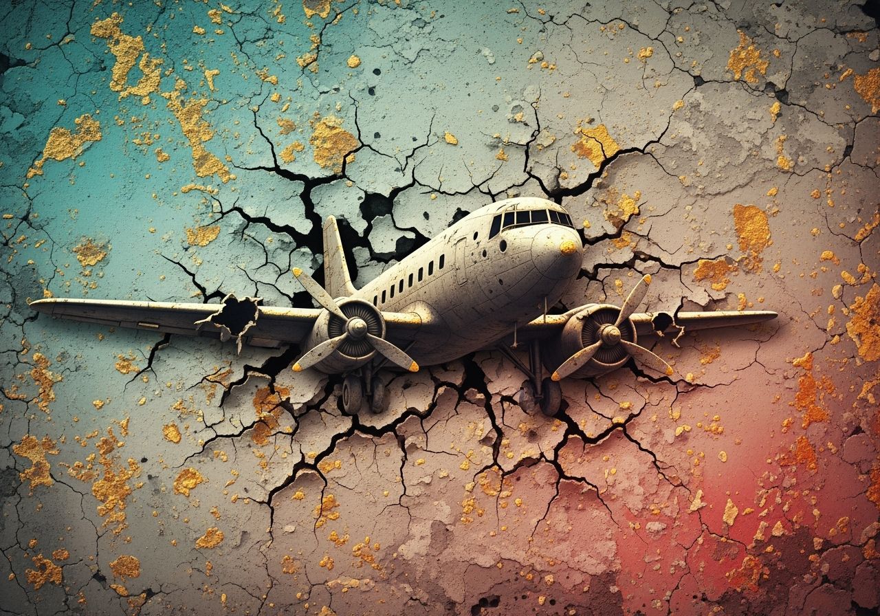 Surreal Gold Airplane Emerging from Textured Wall