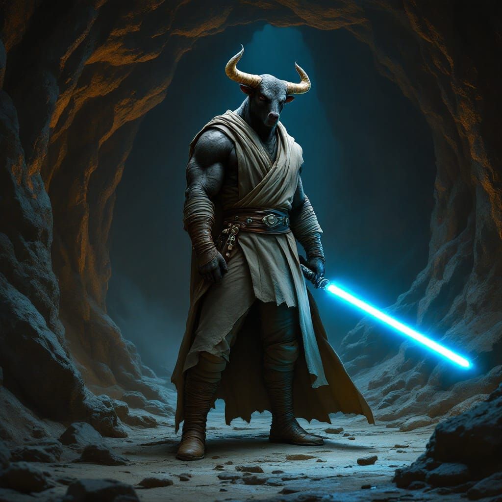 Muscular Jedi Knight Stands Tall in Dark Cave