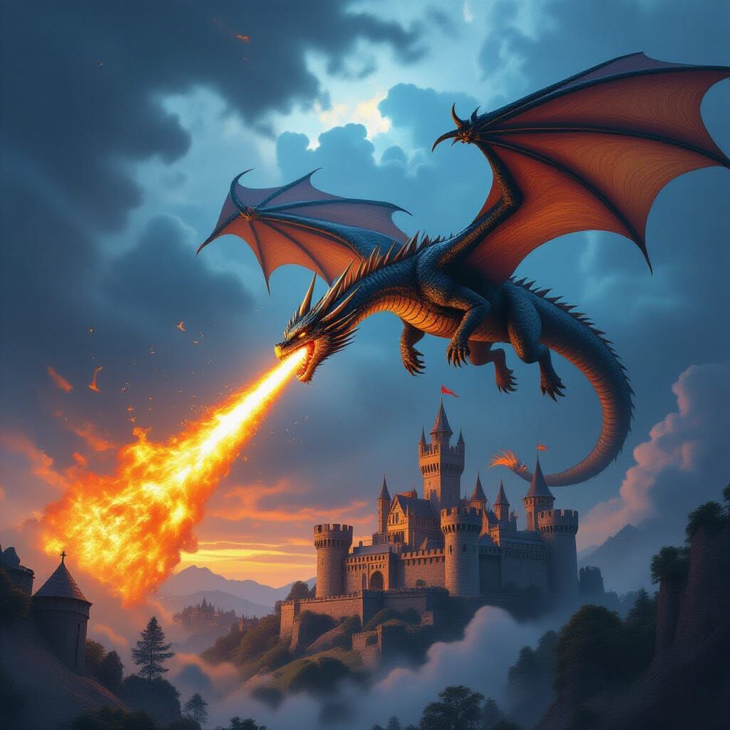 Dragon Breathes Fire on Castle in Stormy Sky