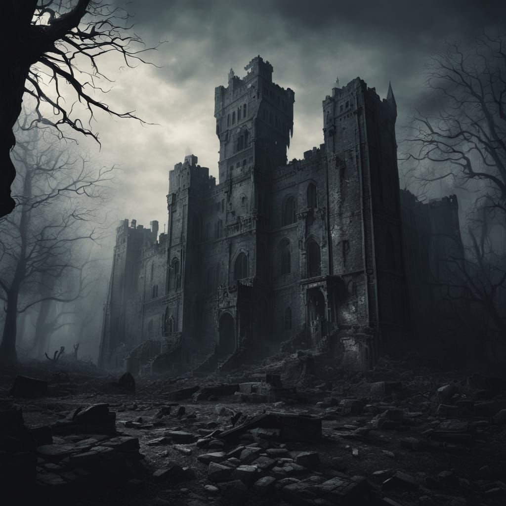 Eerie Abandoned Castle with Skeletons in Gothic Style