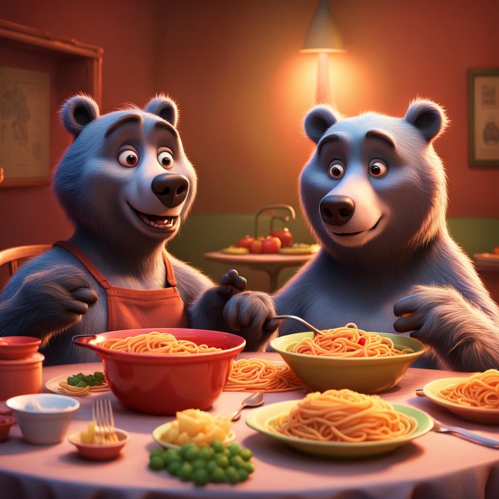 Baloo and Bella at Spaghetti Dinner: 3D Digital Art