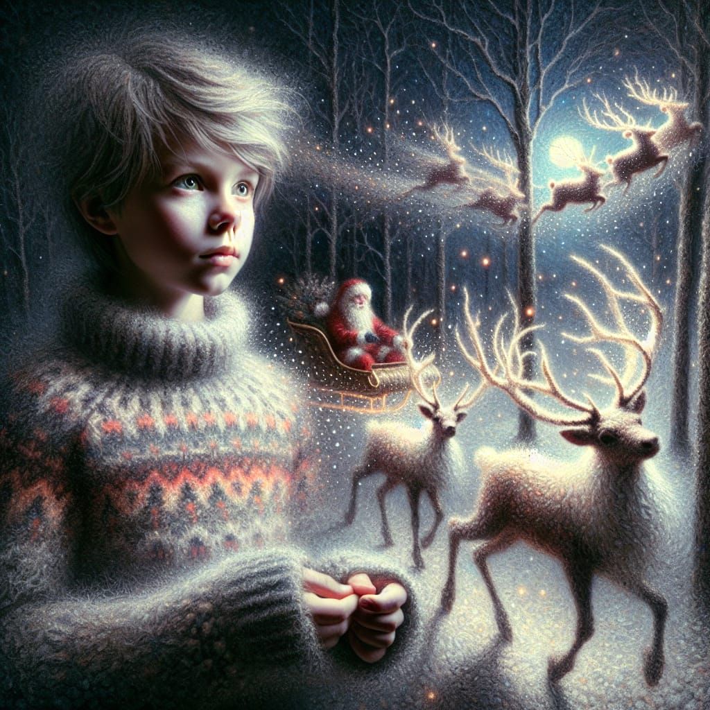Enchanted Winter Night Forest: A Young Boy and Reindeers Uni...