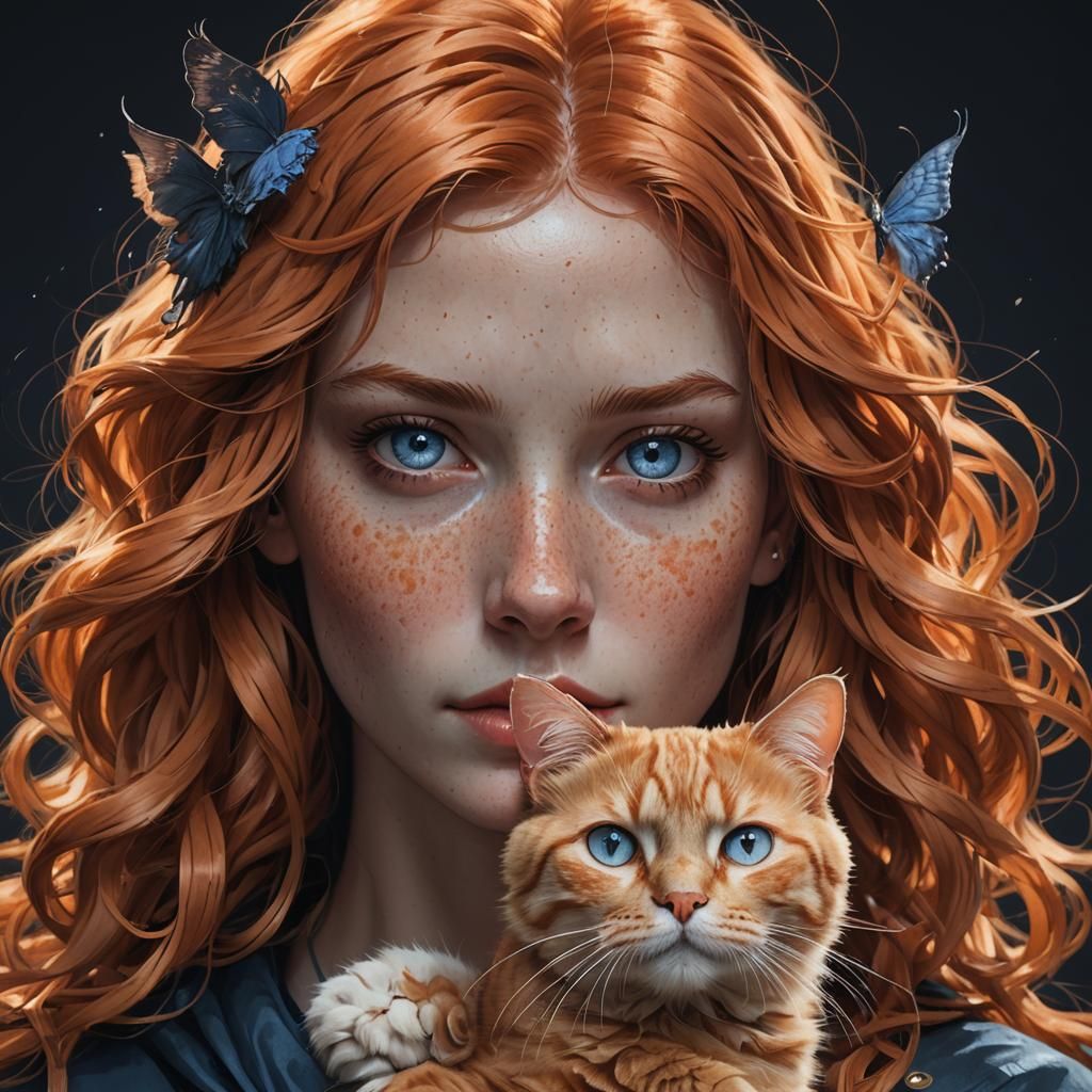 Freckled Girl with Cats: Detailed Portrait
