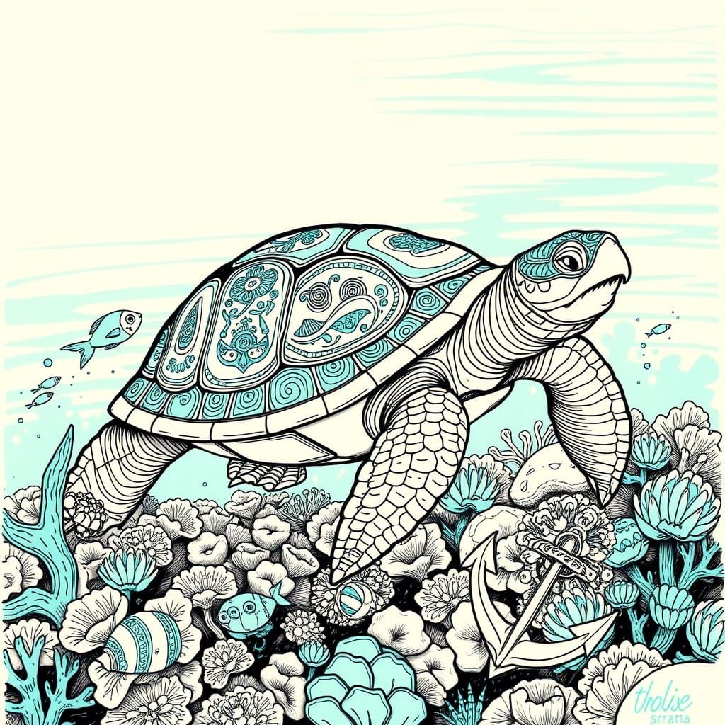 Ornate Tortoise Glides Above Coral Reef in Art Nouveau Style