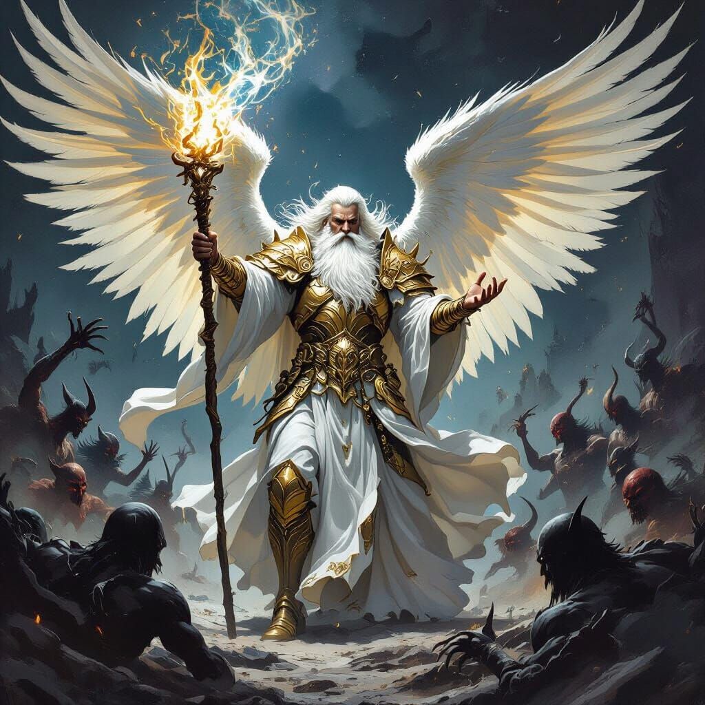 Angel Wizard Battling Demons in Dark Fantasy Style