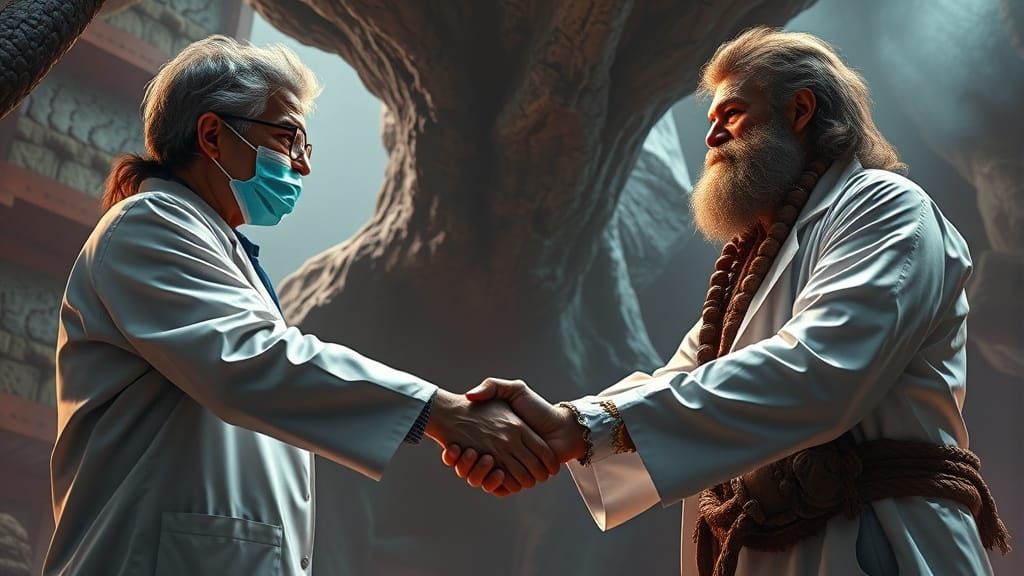 A scientist in a lab coat shakes hands with a caveman