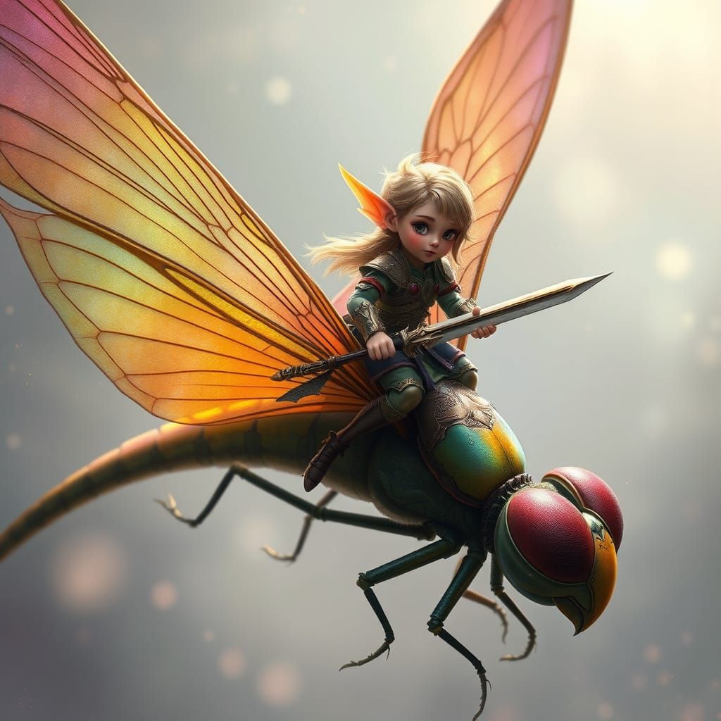 Elf Warrior Rides Dragonfly in Fantasy Illustration