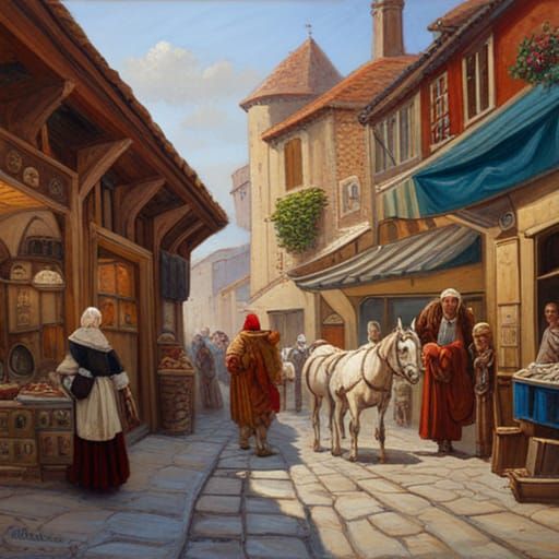 Vibrant Medieval Market Square Oil Painting