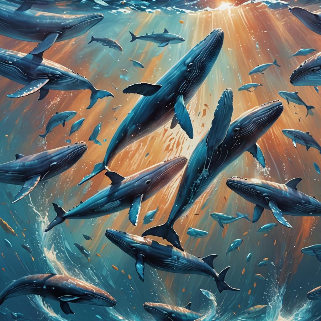 Blue Whale Pod Swimming in Tropical Sunlight