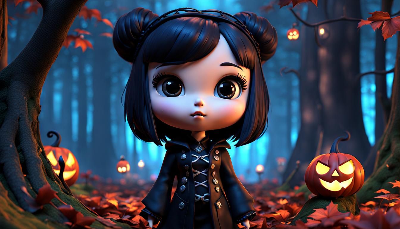Gothic Chibi Girl in Haunted Forest, 3D Pixar Style