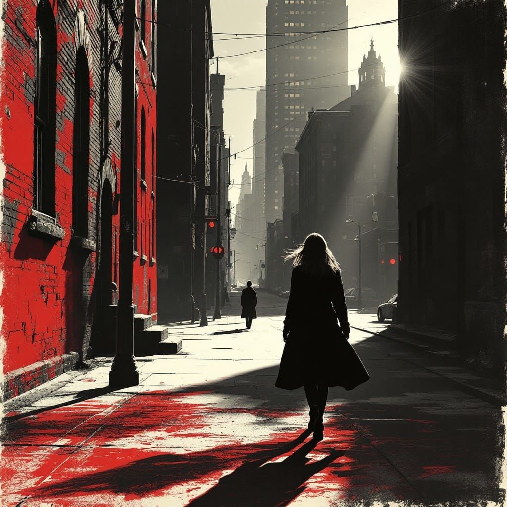 Woman Walking in Noir Comic Book Style
