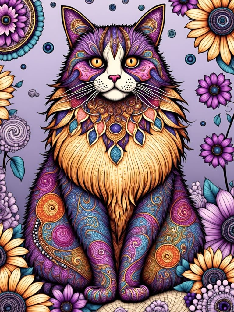 Regal Golden Cat in Zentangle Style with Flowers and Intrica...