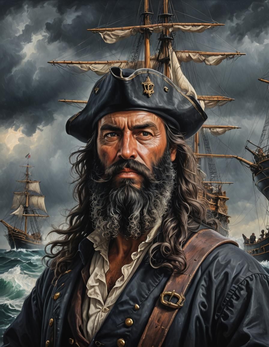 Blackbeard Portrait with Ship in Stormy Seas
