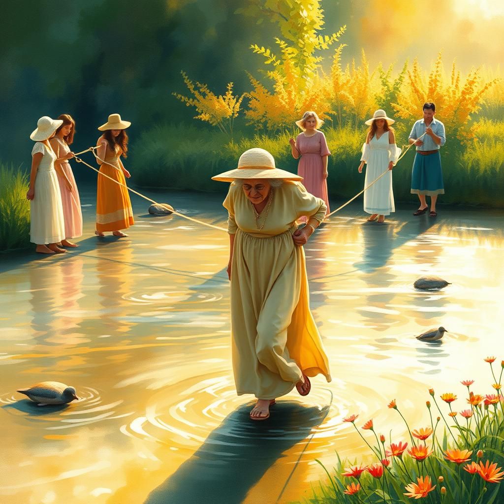 Human Bridge: Watercolor Impressionist River Crossing