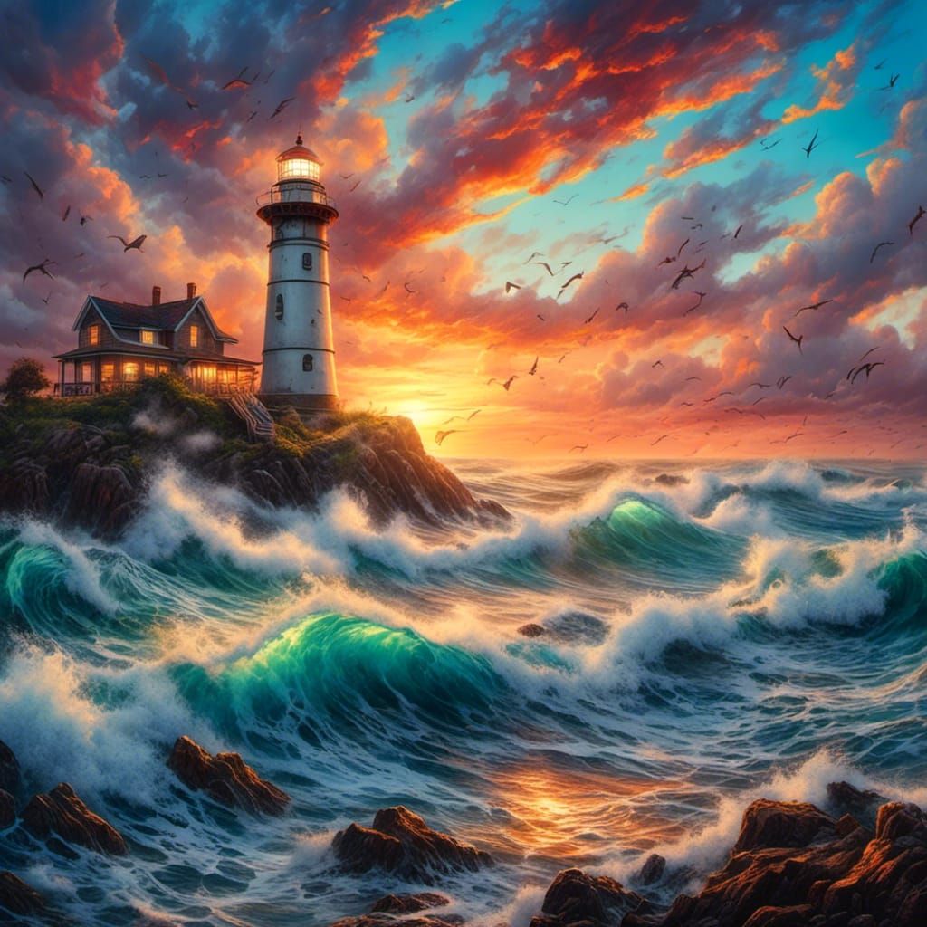 Ocean Sunrise Lighthouse in Super-Realistic Graffiti Art