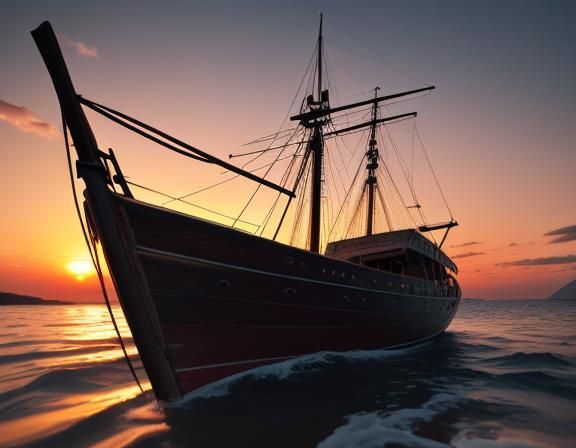 Surreal Sunset Beach Scene with Intricately Detailed Old Boa...