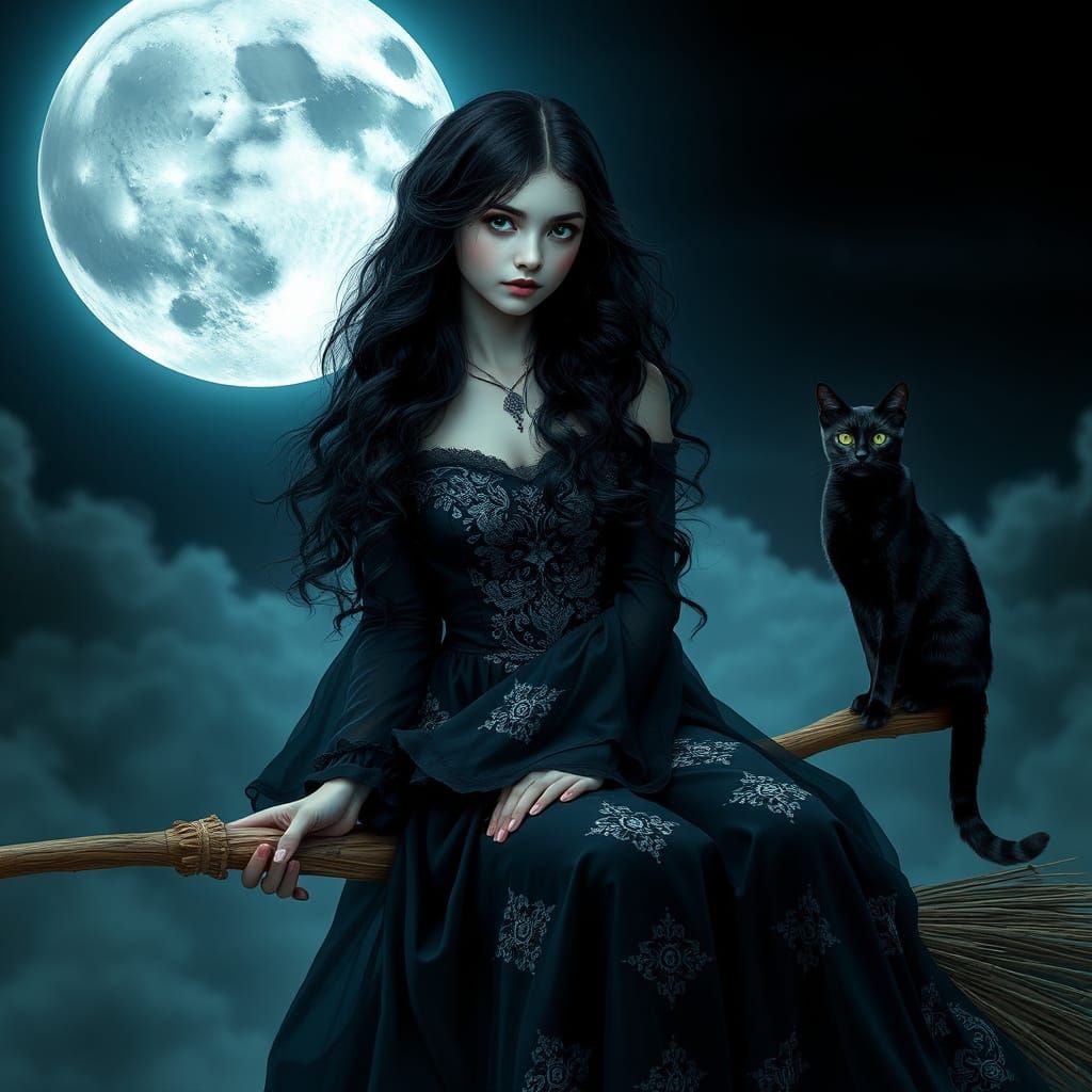 Ethereal Witch Conjured Under Full Moonlight