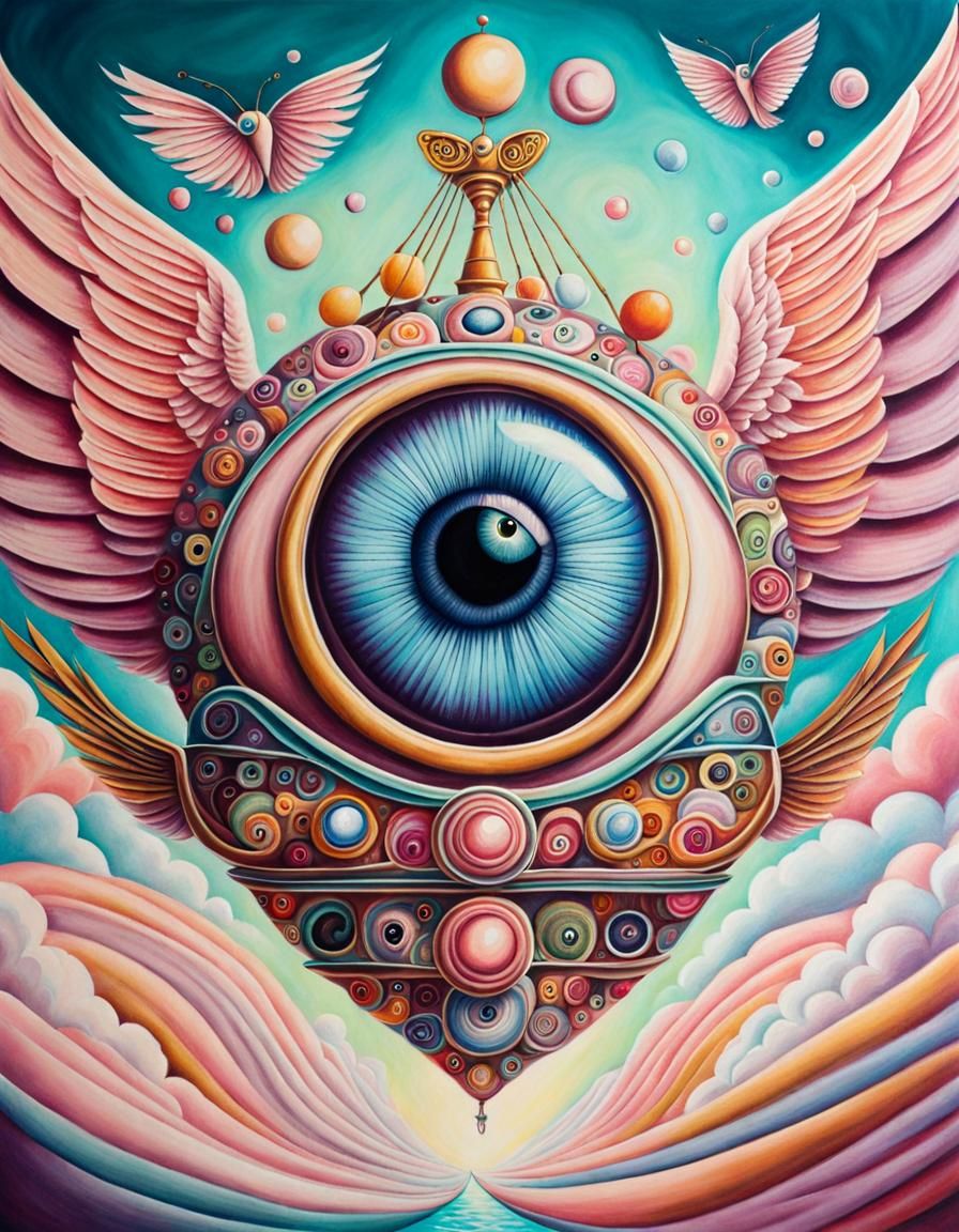 Whimsical Surreal Eye in Flight with Wings