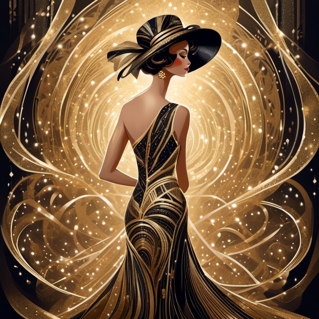 Elegant Woman in Golden Ribbon Dress, Art Deco Style