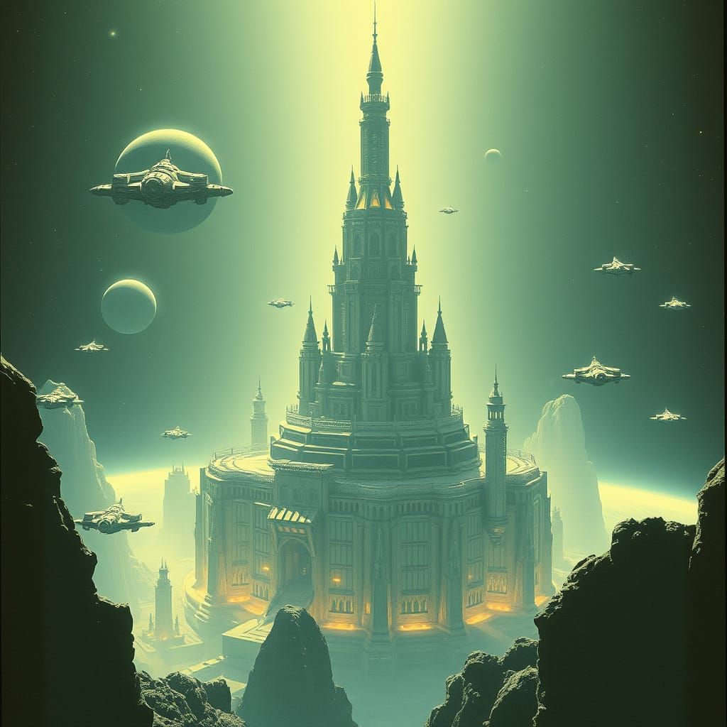 Retro-Futuristic Citadel in Space, Moebius Style