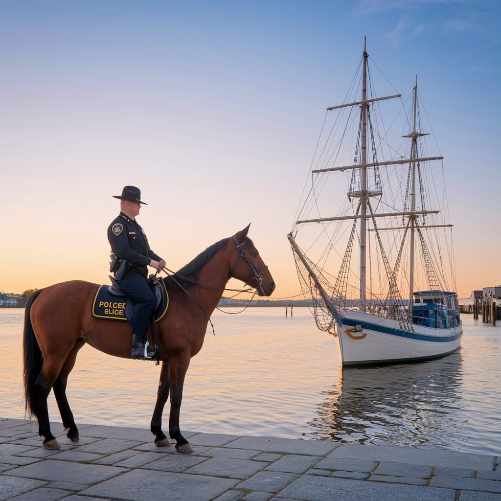 Maryland State Police Officer Rides Horse by Historic Harbor