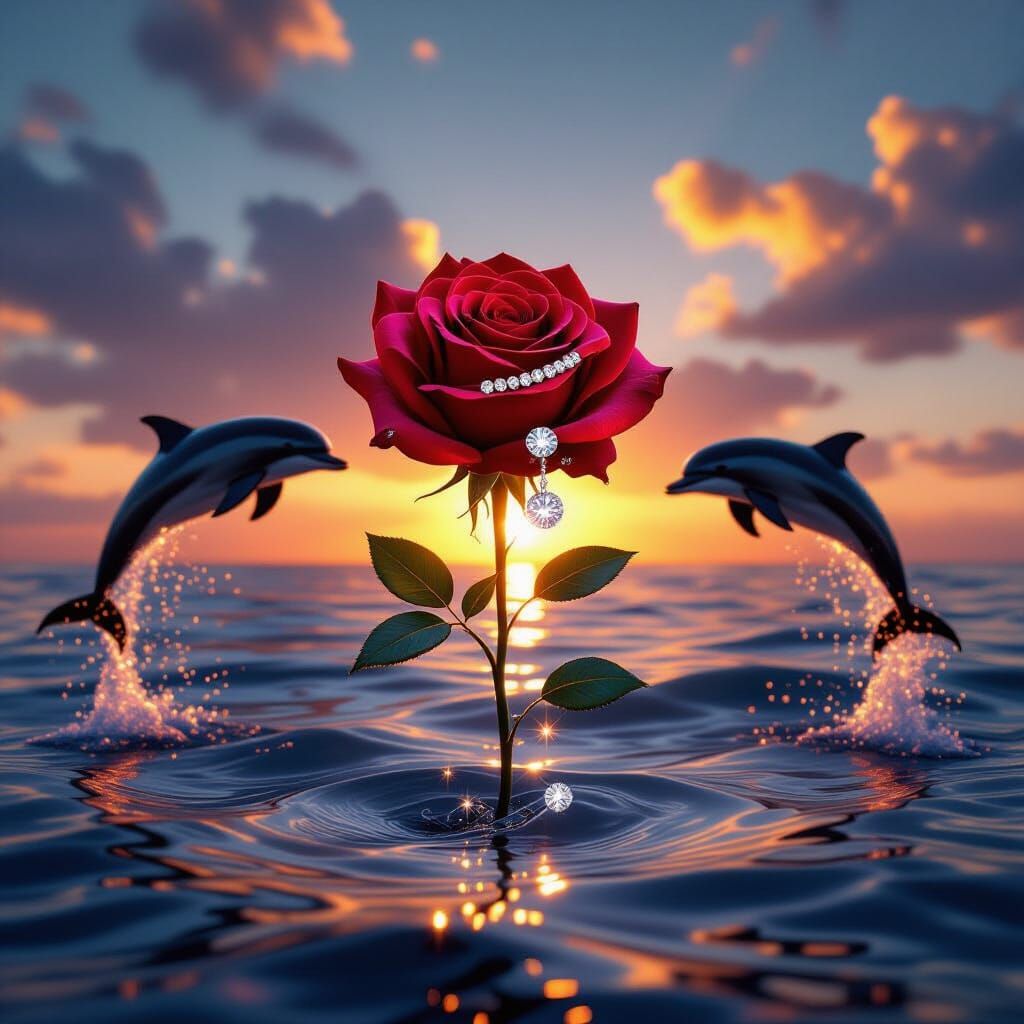 Red Rose and Dolphins at Sunset
