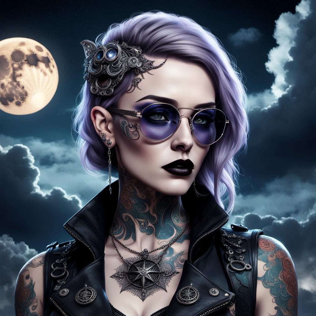 Gothic Woman with Tattoos in Surreal Setting