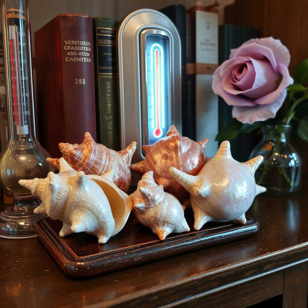 Iridescent Seashells on Scientist's Bookcase
