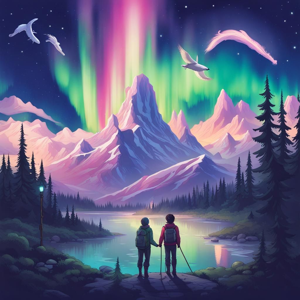 Magical Aurora Scene with Fantastic Creatures
