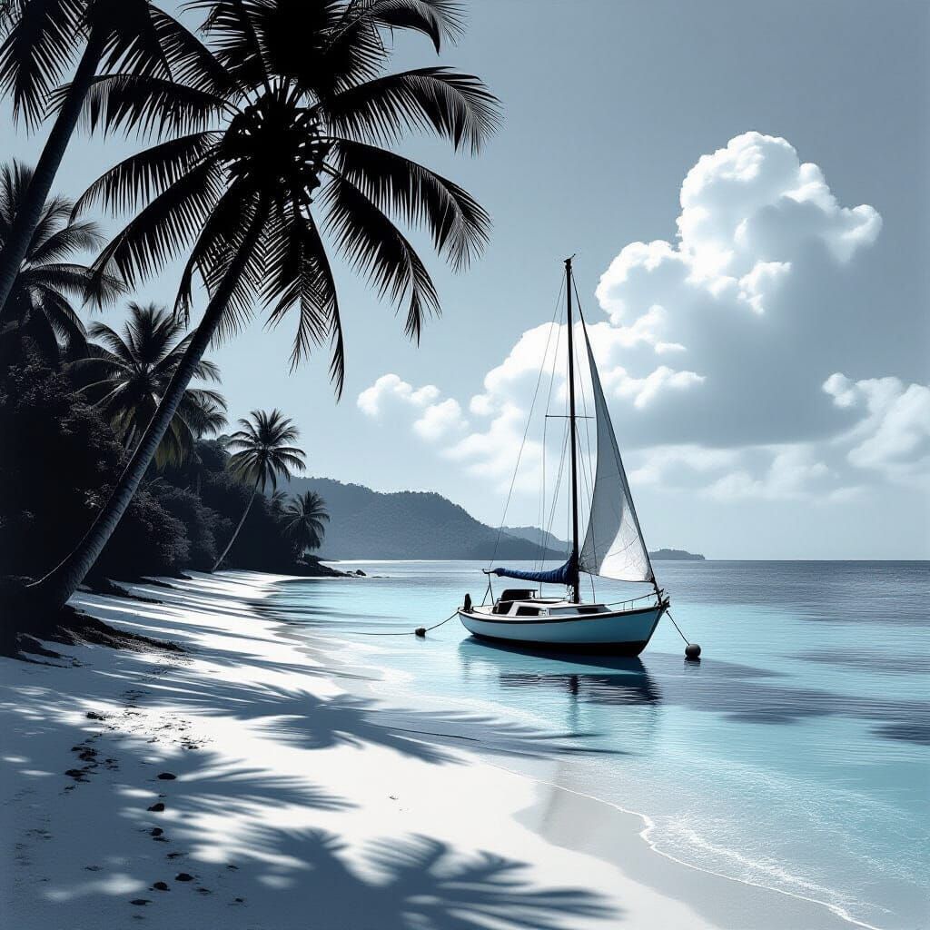 Monochrome Sailboat on Isolated Beach