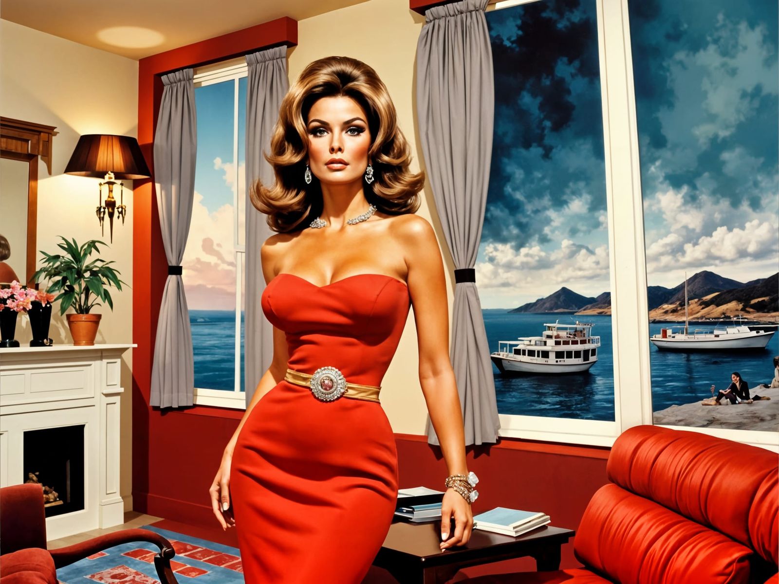 Raquel Welch in Red Dress, 1960s Impressionist Style