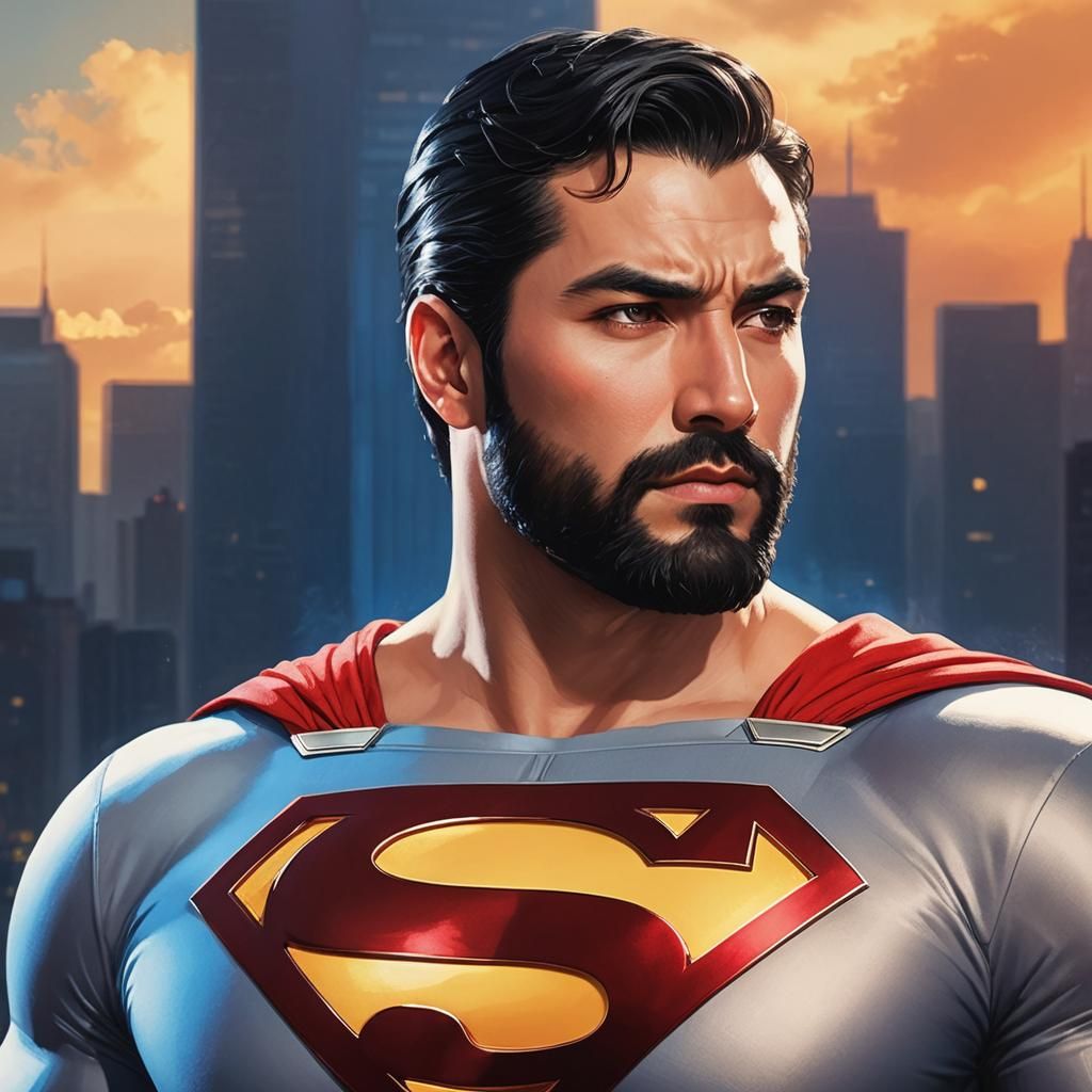 Arab Superman in Cityscape, Expressionist Digital Art