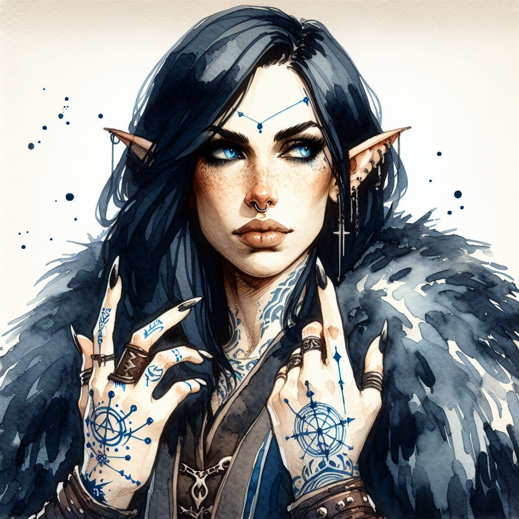 Punk-Rock Elf Priestess Casting Spell: Watercolor Sketch
