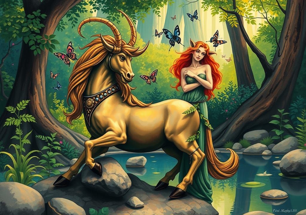 Centaur and Nymph in Forest, Ink Splatter Art