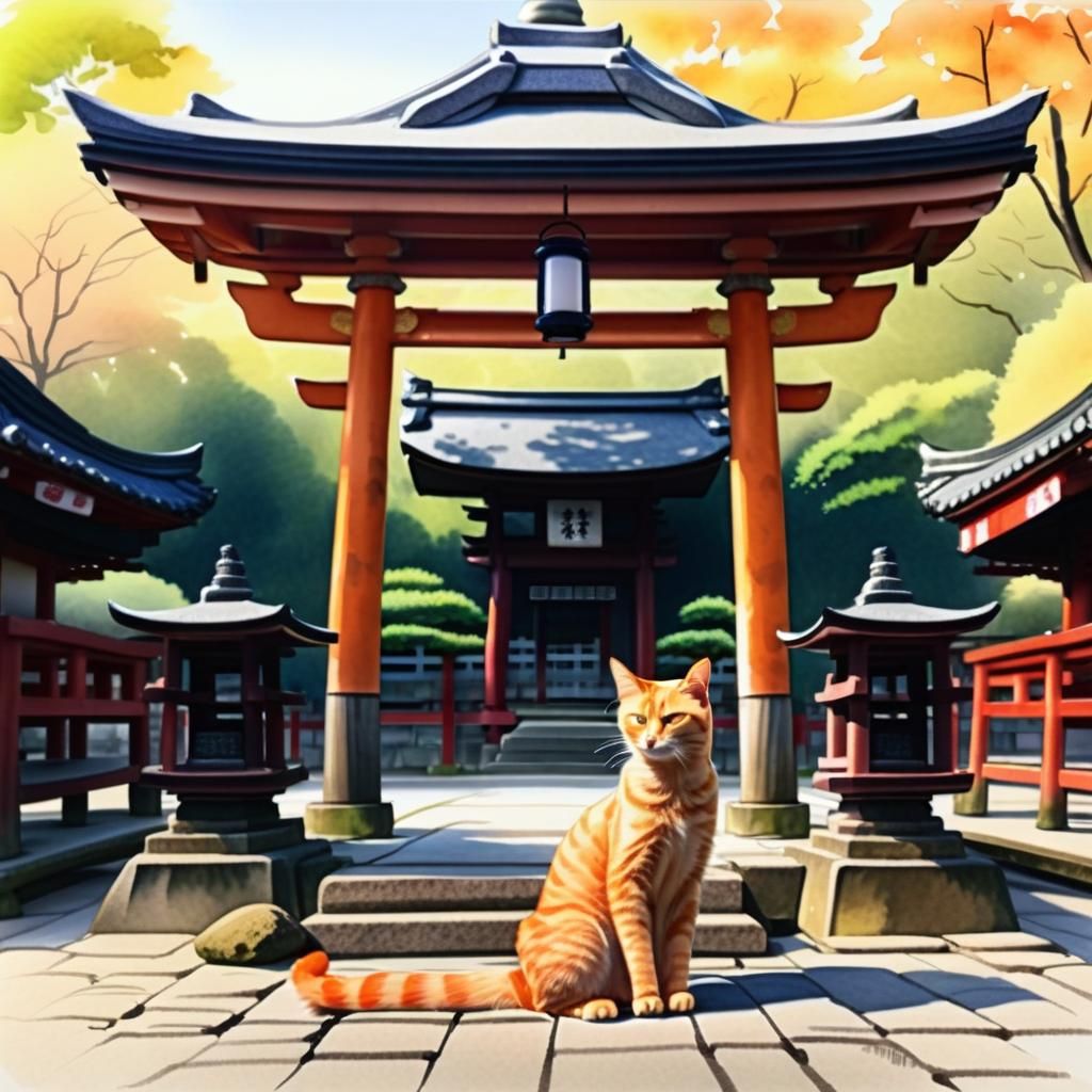 Ginger Cat Relaxing at Jinja Shrine in Watercolors
