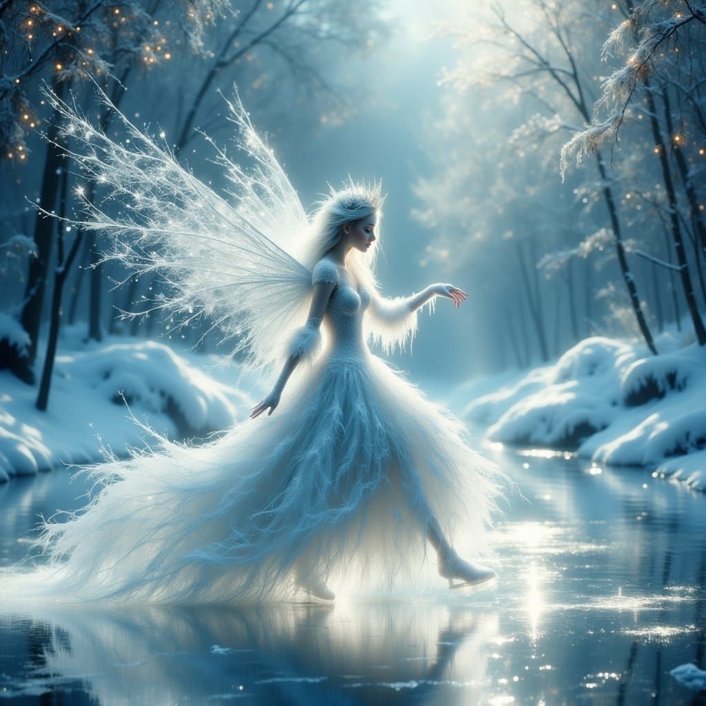 Ultra-Detailed Ice Fairy Skating in Winter Forest