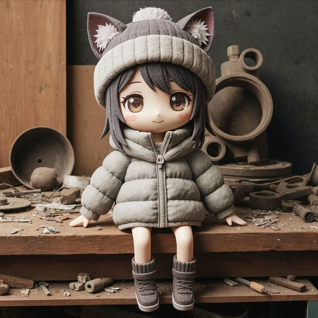 Felt Anime Girl on Workbench in Takashi Murakami Style