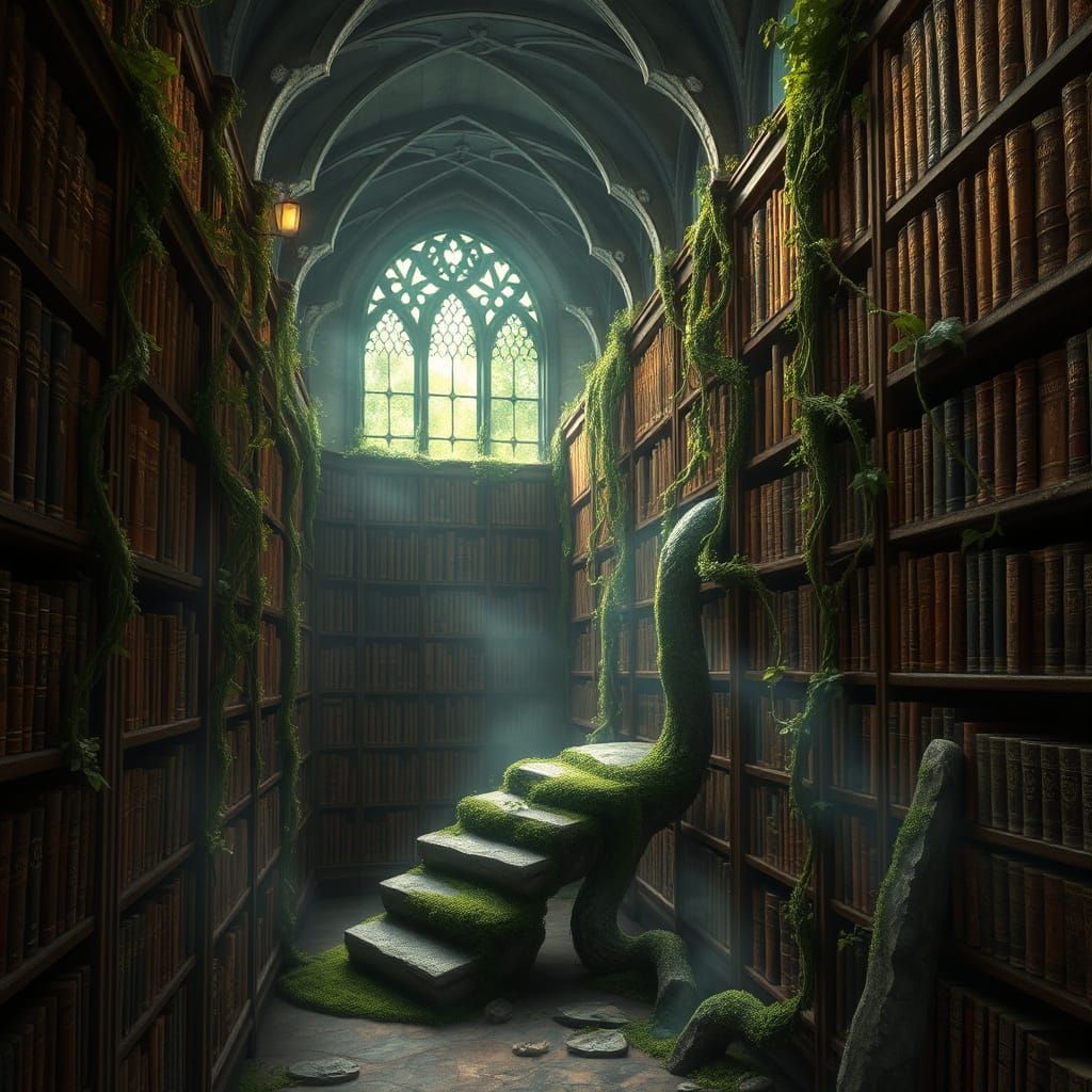Mystical Library with Vines and Ancient Tomes