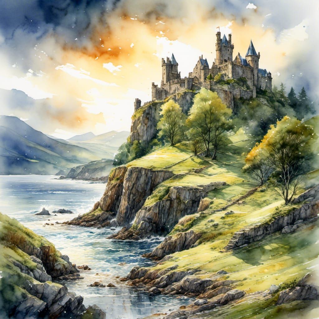 Ruined Castle Hilltop in Scotland Watercolor Painting