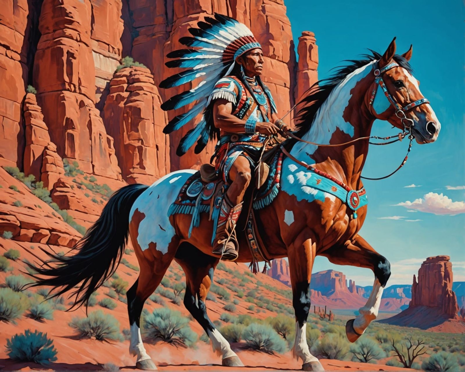 Native American Warrior on Horseback with Red Rocks