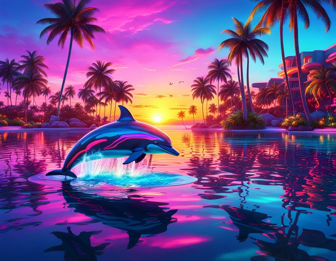 Neon Dolphin Sunset in Miami, 80s Style