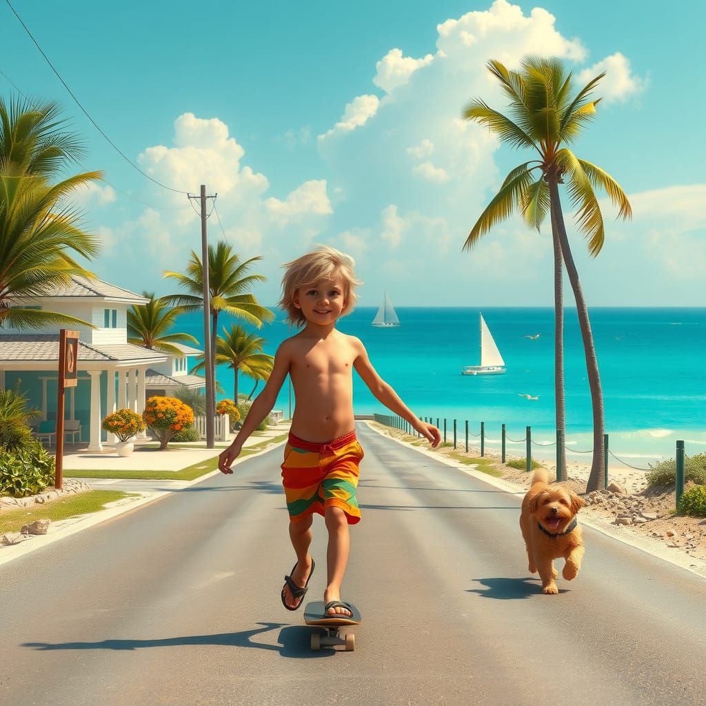 Hyperrealistic Boy on Beach Road with Dog