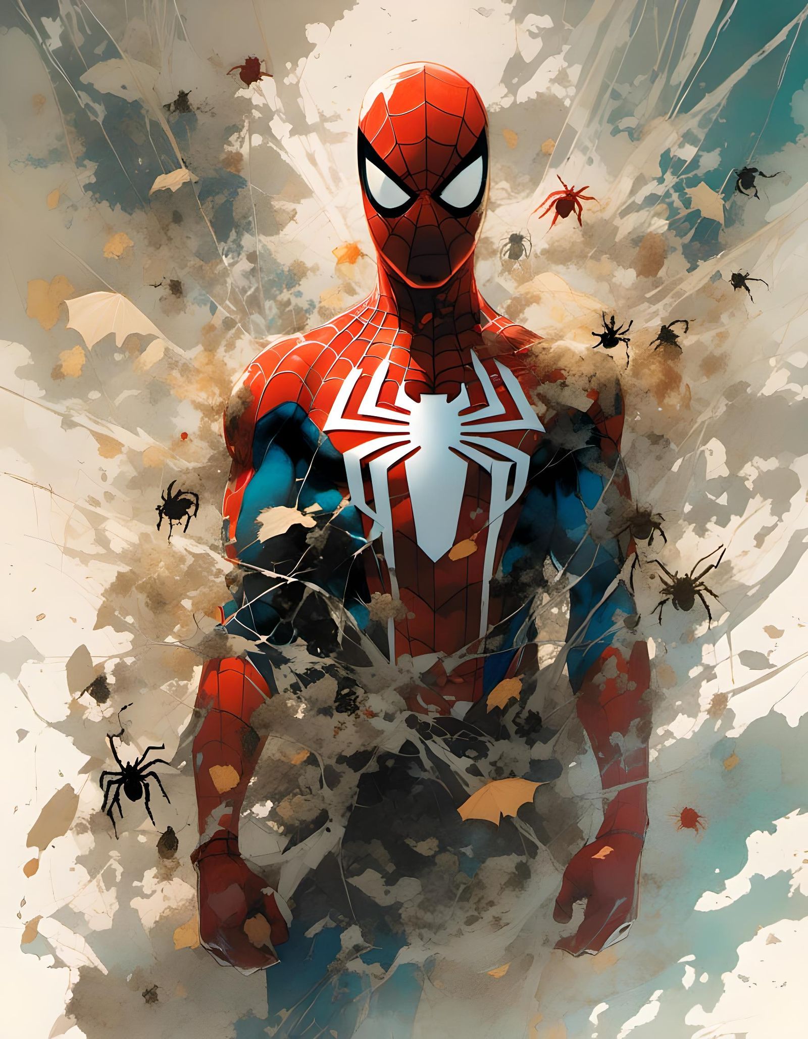 Spider-Man Double Exposure with Spiders in Ink Splatter Styl...