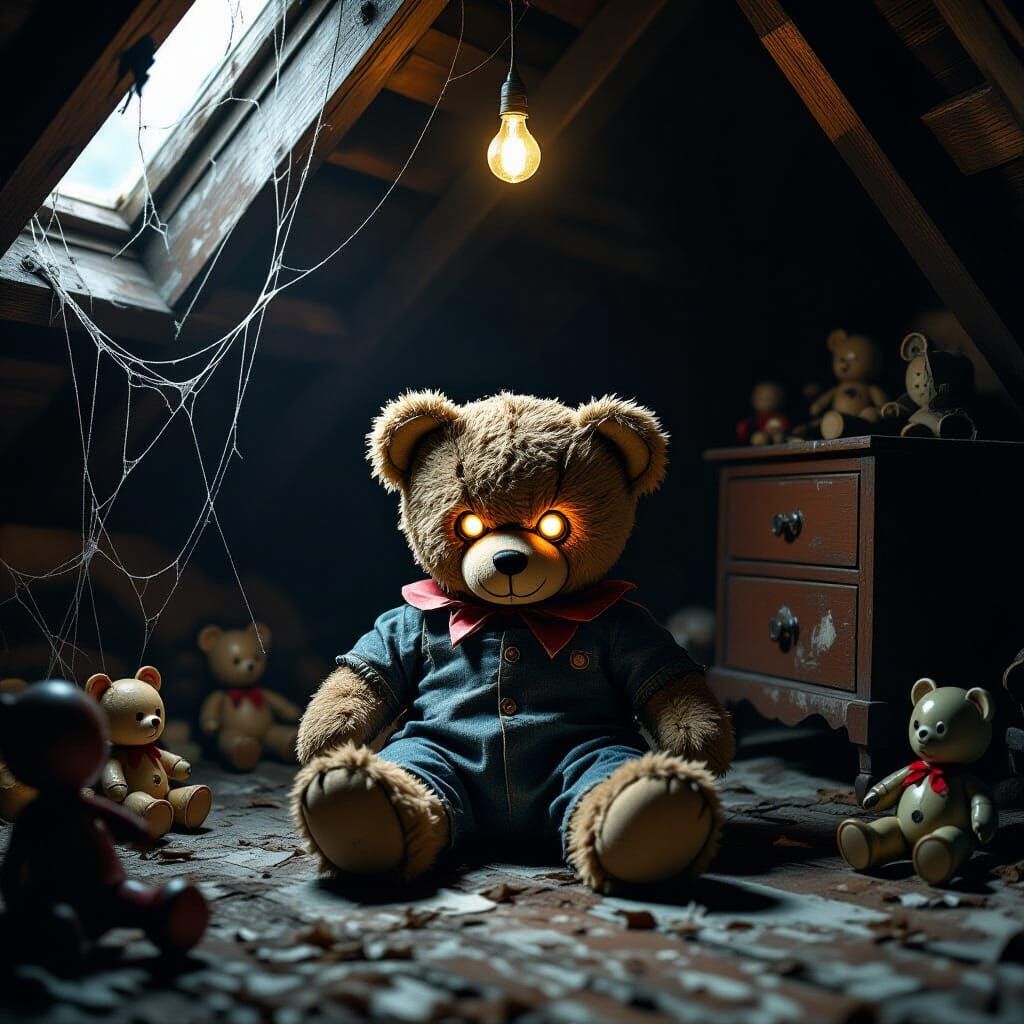 Eerie Teddy Bear in Dusty Attic, Dark Fantasy Art