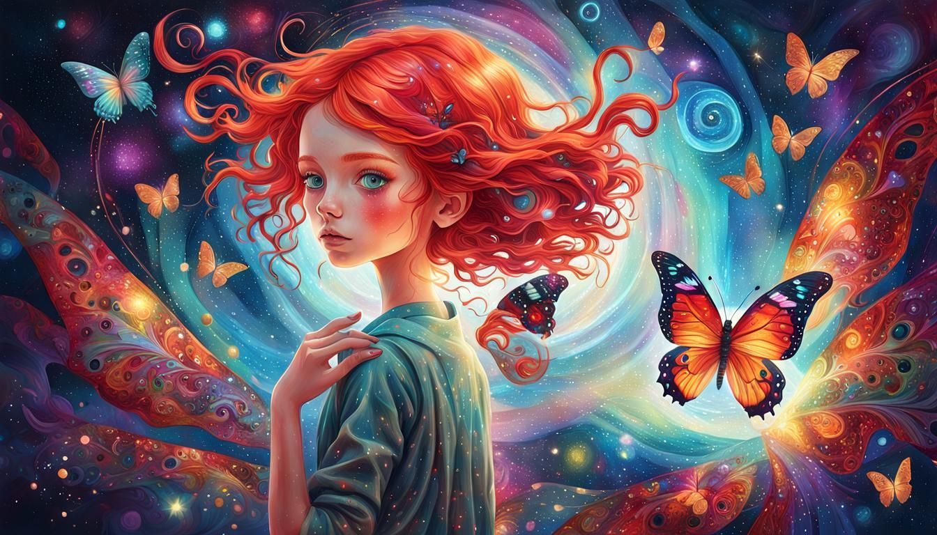 Girl with Butterfly in Whimsical Mixed Media Art