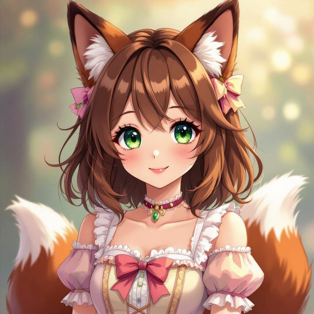 Cute Anime Fox Girl with Green Eyes and Pastel Outfit
