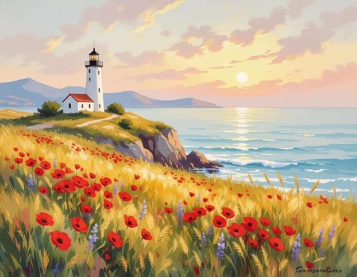 Lighthouse Over Tuscan Poppies in Golden Hour Light