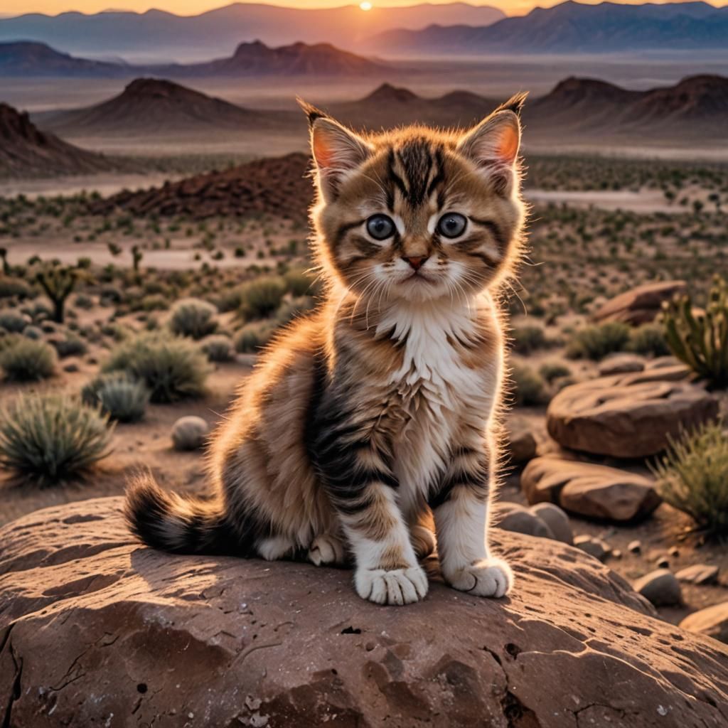 Grumpy Kitten at Desert Sunset: Cinematic Still