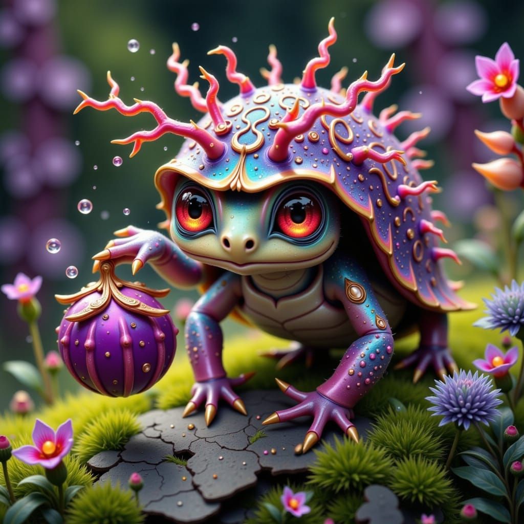 Cute Frog-Tortoise Creature with Berry, Detailed Digital Art