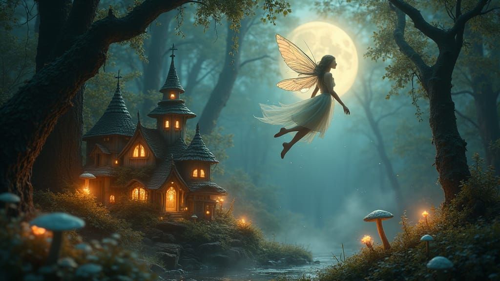 Whimsical Fairy Village in Moonlit Dark Forest